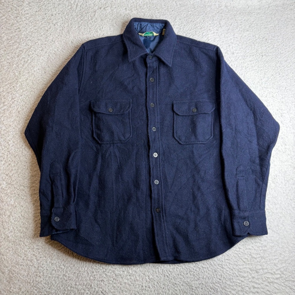 Vintage St Johns Bay Mens Large Wool Blend Work Shirt Navy Blue Heavy Flannel